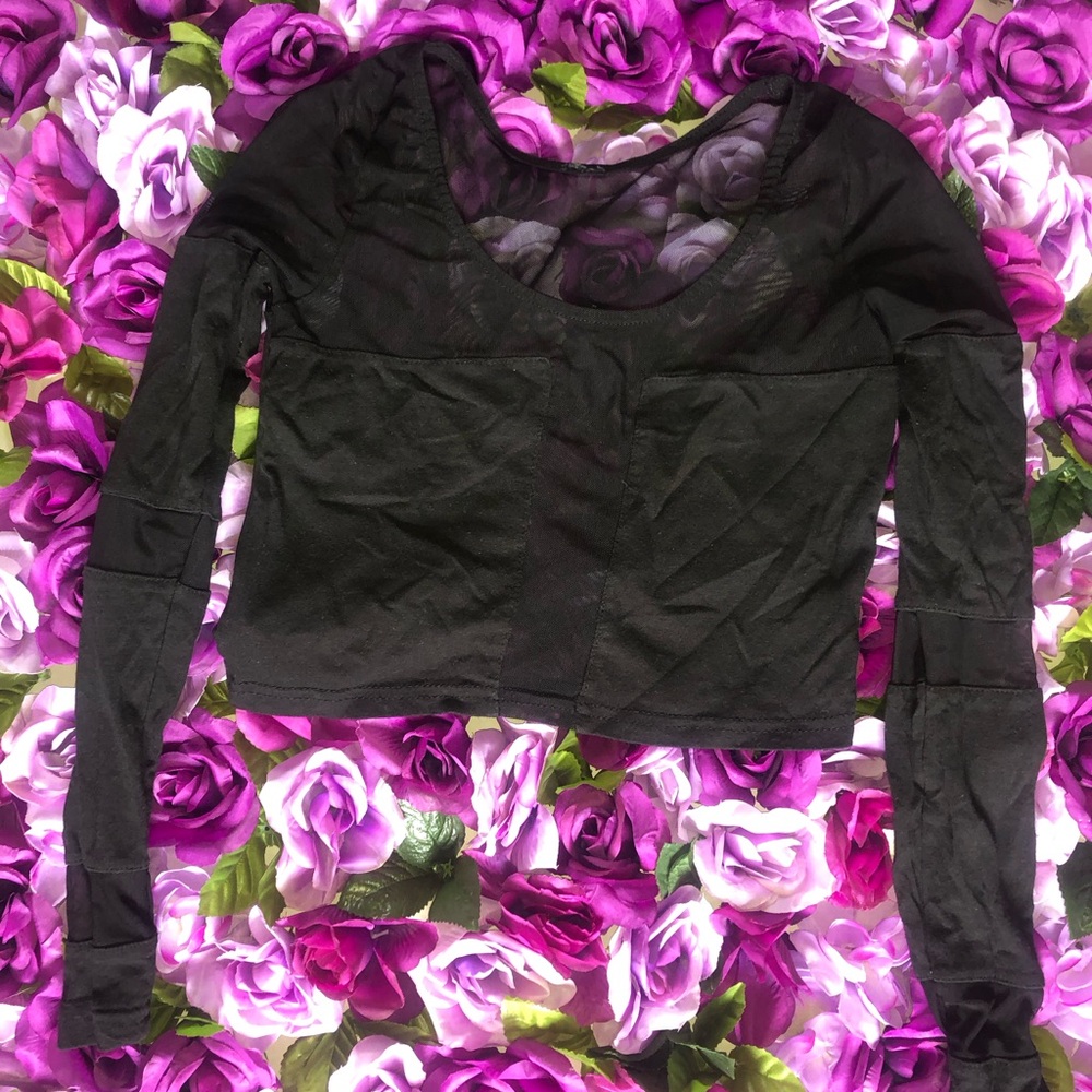 Black Long Sleeve Women's Crop Top w Mesh Cut outs